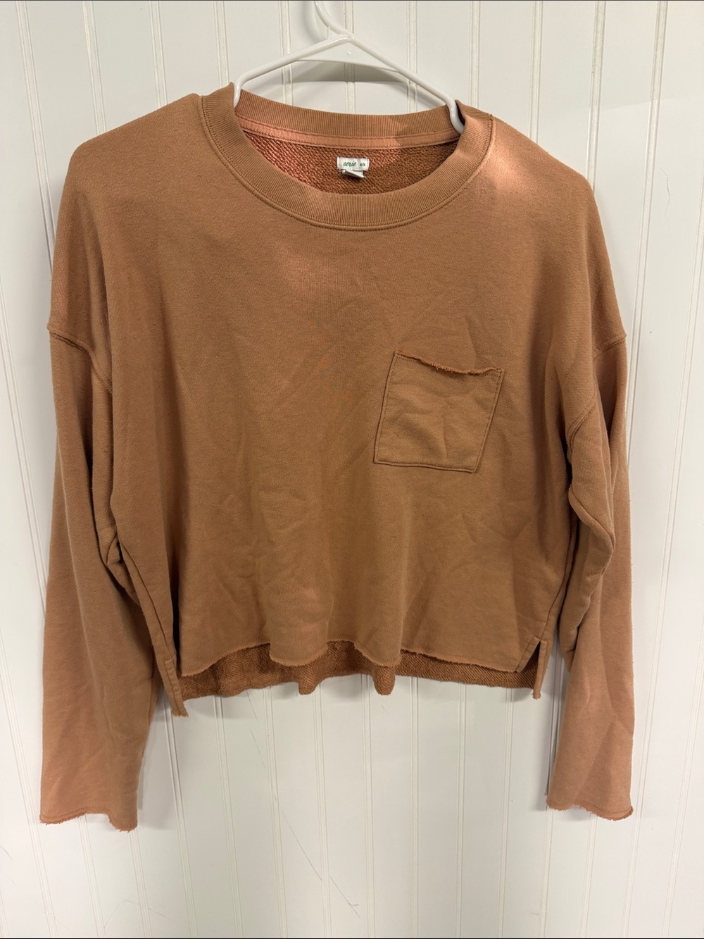 aerie Cropped Crewneck Sweatshirt in Brown Tan